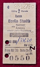 Alte DB Fahrkarte von ESSEN nach BERLIN Stadtbahn via Hannover, Arnsberg usw.