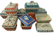 Kastenbutterdose, Butterfass, Bunzlauer Keramik, Katzen-, Fischmotiv