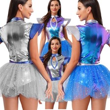 DE Damen Mini Kleid Metallische Röcke Roboter Kostüm Flug Glänzend Kadet A-Linie