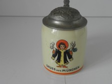 Kleiner Bierkrug Keramik Zinndeckel Münchner Kindl Gruss aus München 125 ml