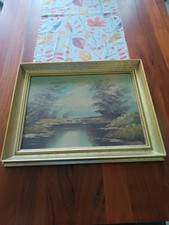 Sehr Schönes  altes Wandbild "Fluss Landschaft" im  Holzrahmen