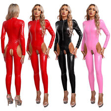 DE Damen Bodysuit Lackleder Catsuit Sexy Overall Training Trikot Slim Fit Aktiv