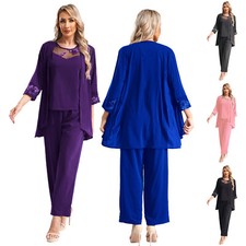 Damen Hochzeit Chiffon Hose Anzug Elegant 3-teiliges Set Festlich Gast Kleidung