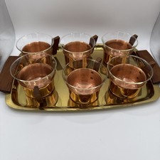 6 Teegläser im Kupferhalter mit Kupfertablett Jenaer Glas Schott Mainz 60er