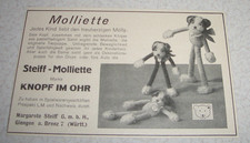 Jahr 1927 orig. Reklame Werbung Steiff Knopf im Ohr  Molliette