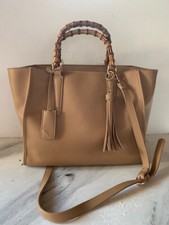Hallhuber Handtasche Beige Kunstleder Bambusbügel Innenbeutel Reißverschlüsse
