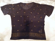 90er Oriental Goldprint Viskose Shirt Top schwarz semi transparent V-Ausschnitt