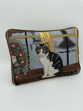 Altes Gobelin Kissen mit Katzen Stickerei und Samt auf der Rückseite