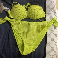 Calzedonia, Bikini-Set, Oberteil 80B/75C/70D, Höschen L In Hellgrün Glitzer