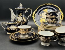 zauberhaftes Schmiedefeld Kaffeeservice Kobalt Porzellan 6 Pers Goldrelief#KA181