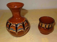 KERAMIK PFAUENFEDER BULGARIEN - VASE + BECHER- ca.1987 - NEUWERTIG