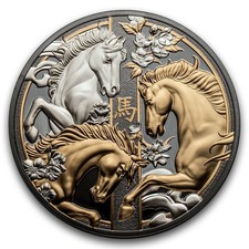 5 Oz Silbermünze - Lunar III - PFERD HORSE - Niue 2026 - Black Proof - gilded -
