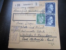 #1652 Paketkarte aus SCHWEINFURT nach Kaltofen bei Hainichen, Wollfabrik
