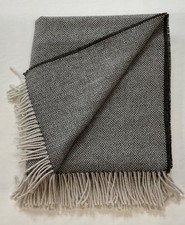 REINE WOLLE Fransen Überwurf/Decke/UK GEWEBT. Braun/blau gefleckt/natur Fischgrät