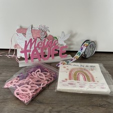 Deko Taufe Aufsteller Holz, Girlande, Servietten, Fische rosa lila, Regenbogen