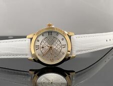 DAMEN UHR IP GELBGOLD BESCHICHTET MIT LEDERBAND IN WEIß+ KRISTALLE # SCHMUCKJAGD