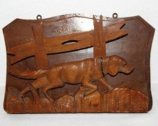 Wand Briefablage, Eichen Holz, geschnitzter Jagdhund, Hund mit Glasauge, braun