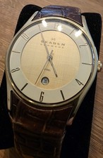 Skagen Denmark 474XLGL Slimline Armbanduhr Vintage Leder