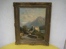 Landschaft Ölgemälde Burg am See mit Personen unleserlich signiert aus Sammlung