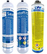 2x Sauerstoff Einwegflaschen M11x1 links / 1x Mischgas AT3000 für CFH Schweißfix