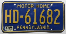 USA Nummernschild aus Pennsylvania "Motor Home" mit Sticker 1992.