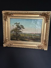 Spät Biedermeier Ölgemälde Landschaft mit Wegkreuz Eiche und Feldarbeitern 1872
