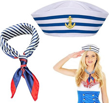 Kapitän Matrosen Kostüm Set,Streifen Matrosenmütze und Schal Set,Matrosen Hut un