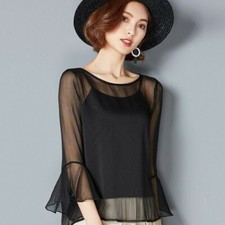 Damen Spitze Netz Netz Shirt ausgestellte Ärmel lose transparent dünne Bluse + Weste Sommer Top