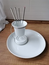 Schoko Fondue Set Porzellan Teller ø 24,5cm, Metallst. mit Becher H:8 ø9cm