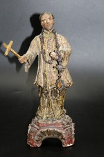 Skulptur Heiliger Nepomuk, Holz mit Rosenkranz Silber filigran um 1800- 1850