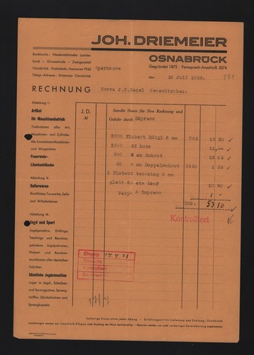 Osnabrück rechnung 1938 - osnabrÜck,,