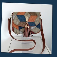 Handtasche Crossbody Bag Patchwork Braun Blau Beige Gold