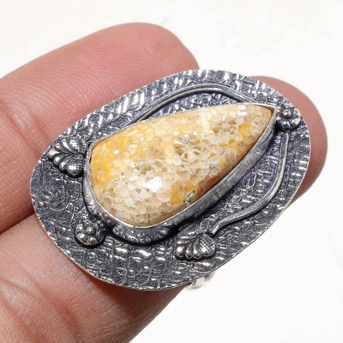 Fossil koralle edelstein ring - fossil,