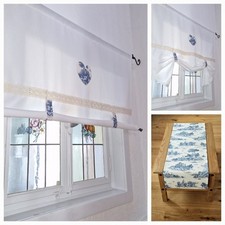 Raffrollo Gardine Breite 60-155 cm naturweiß Toile de Jouy Raffgardine Landhaus