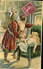 AK Weihnachten! Weihnachtsmann, Mantel rot, Kiepe grün, Mädel im Sessel um 1908