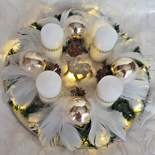 Adventskranz, Adventsgesteck Advent Weihnachten Tisch Deko  Gold Warmweiß  20LED