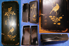 Antik Schatulle Asia box Holz mit Schildpad 13,5cm Schellack Dose Vogel Intasien