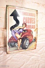 Altes US Blechschild Werkstatt Schild USA Auto Schild DANGEROUS CURVES AHEAD