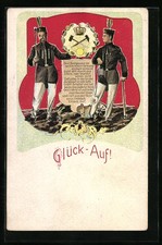 Lithographie Bergmänner im schwarzen Gewand mit Spitzhacke und Lampe 