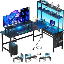 Gaming Tisch L Form mit Schubladen & LED, Echreibtisch mit Steckdosen & Regal