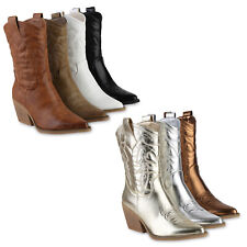 Damen Cowboystiefel Stiefel Spitz Zierperlen Holzoptikabsatz 841116 Schuhe