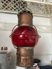 Antike Schiffslampe / Signal-Laterne – Kupfer mit rotem Glas, Gas-Strombetrieb
