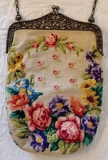 D0290 - Gr. Jugendstil Gobelin Handtasche 800er Silber Schließe Rosen - 27,5 cm