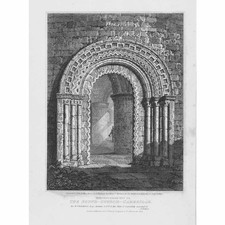 Antiker gravierter Druck 1811 - runde Kirche, Cambridge - Westerntür