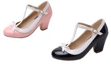 Damen T Strap High Heels Pumps mit Blockabsat Schleife Rockabilly Vintage Schuhe