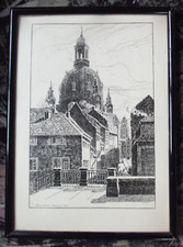 Malerwinkel mit Frauenkirche Dresden Zeichnung von A.Krug  Druck/Original ? alt