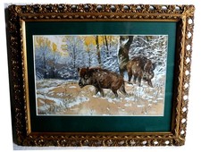 Orig alt Jugendstil Jagd Gemälde Wildschweine Wald Signiert Heller 1903 München