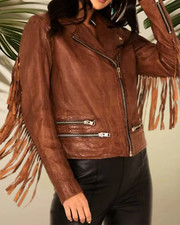 Damen Braun Leder Fransen Jacke Braun Lammfell Leder Fransen Jacke
