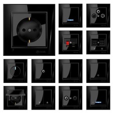 Schuko Steckdose, Wechselschalter, Dimmer, Lichtschalter KAREA Schwarz glänzend