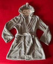 Fleece Bademantel Damen, Gr. XL grau/weiß, Kapuze mit niedlichem Tiergesicht